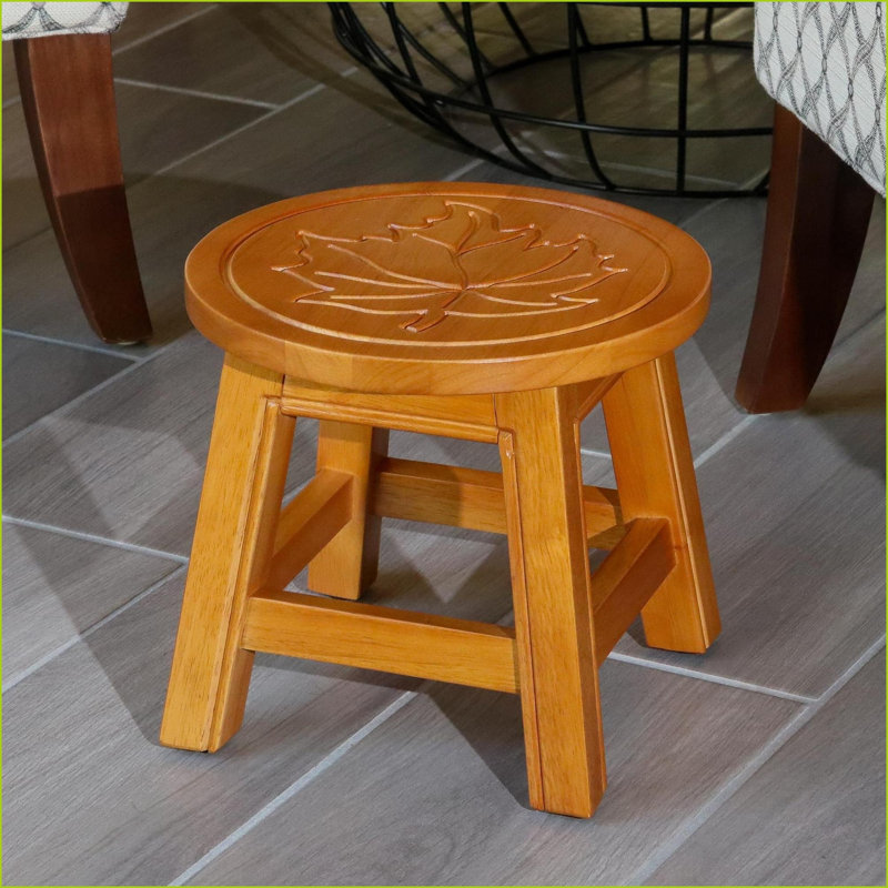 Ottoman, Whimsical Carved Rubberwood Stool for Footrest/Side Table/Child's Step, Maple Leaf Natural | Wood | Walnut Brown