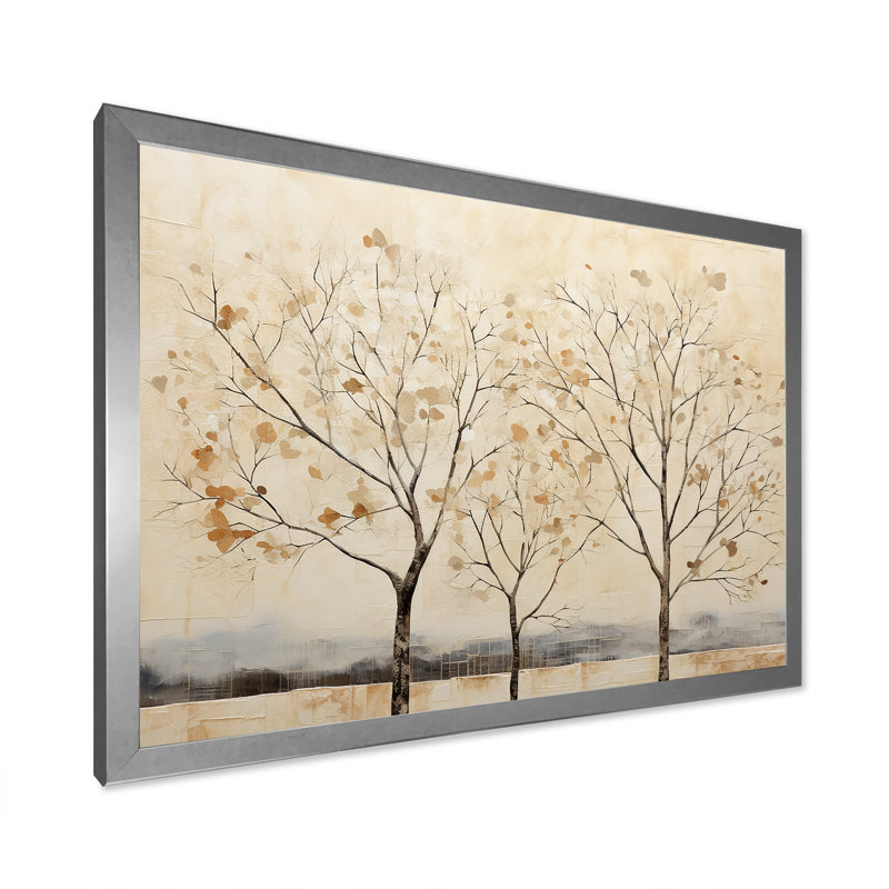 Harmonisation d'arbres beige V sur toile, Cadre simple argenté, H 12 po x l 20 po x P 1 po