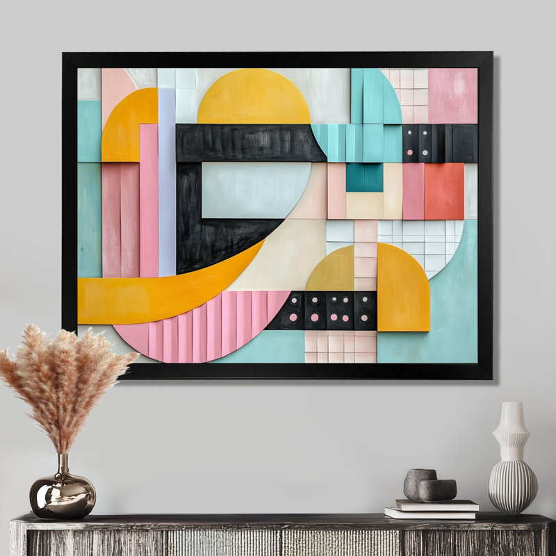 Blocs pastel ensoleillés - Tableau encadré géométrique rose, H 12 po x l 20 po, Cadre photo noir