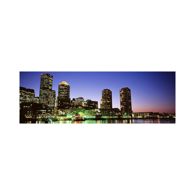 Skyscrapers At The Waterfront Lit Up At Night, Boston, Massachusetts, USA - Wrapped Canvas Panoramic Print