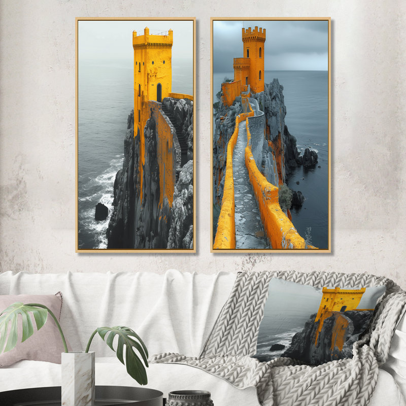 Ensemble de 2 pièces d'art mural monochromes du château côtier d'hiver gris et jaune, H 40 po x l 40 po