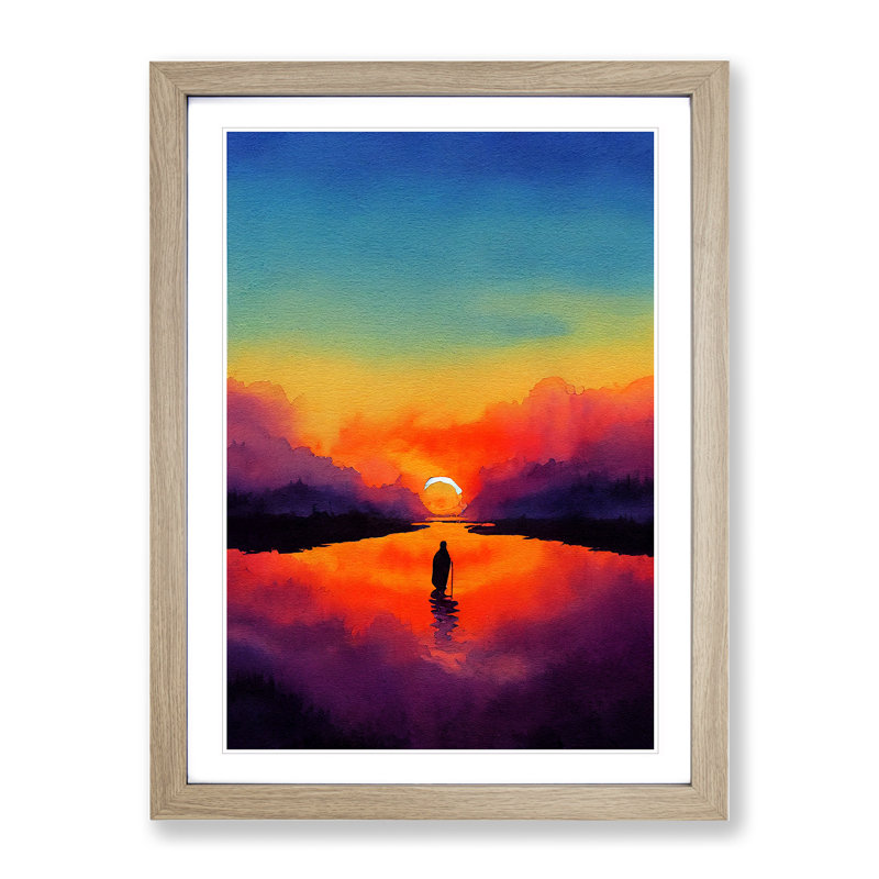 Sunset Watercolour No.3 - Single Picture Frame Painting, 34cm H x 25cm W x 2cm D, Oak