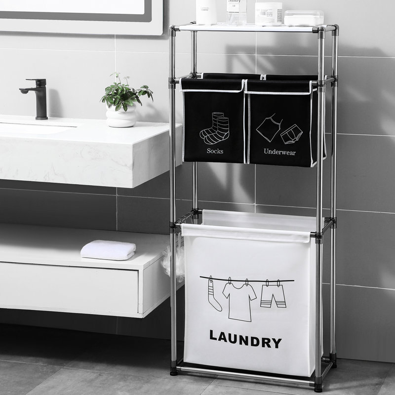 Black White Laundry Hamper Sorter, 3 Tier, 4 Bags, Waterproof , Framework Removable Bags Heavy-Duty Iron Frame, Easy Installation