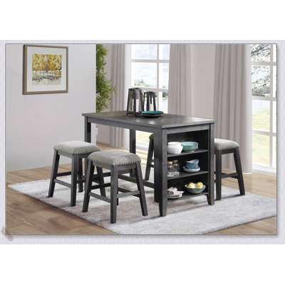 Ensemble de comptoir 5 pièces à finition grise avec table multifonctionnelle et 4 tabourets, revêtement en chenille grise, garniture cloutée, mobilier de salle à manger