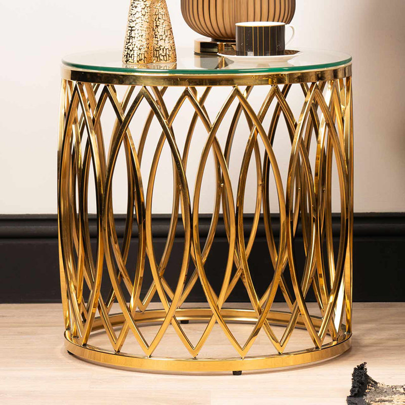 51cm Round Metal End Table for Living Room, Sofa Side Table with Glass Top, Gold