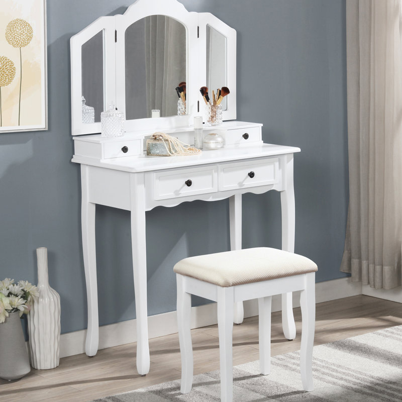 Wooden Vanity Make Up Table And Stool , White - Wood Construction With 3 Beveled Mirror Four Drawers Materials Fashionable Look