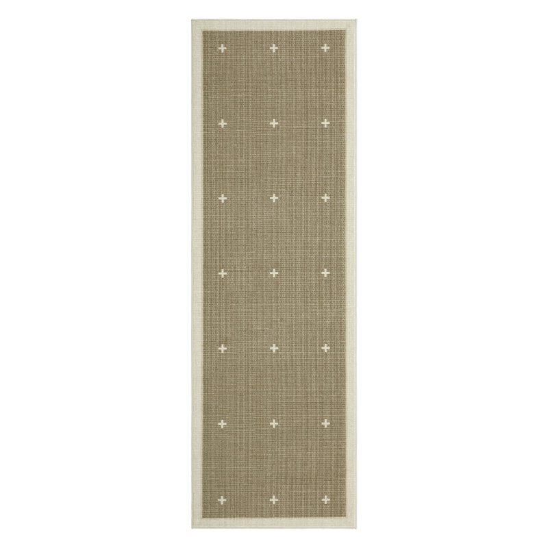 Modern Geometric Runner Rug – Bordered Jute Carpet for Hallway, Entryway, Kitchen, Bathroom, Office – Non-Slip, Low Pile, Machine Washable – Cross Dot Motifs, Tan, 2x6ft