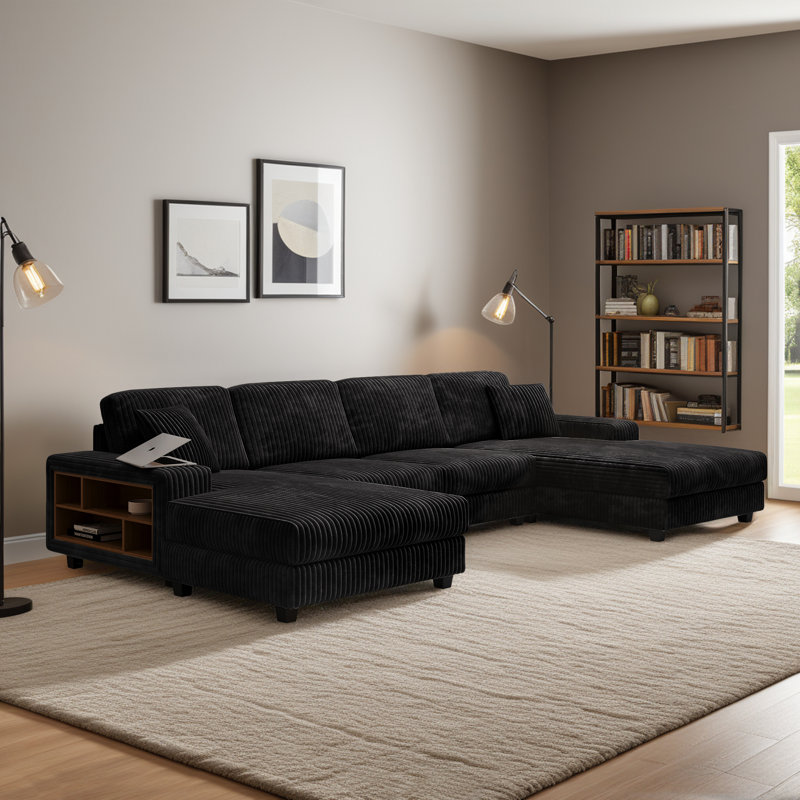 Canapé d'angle modulaire en velours côtelé de 137 po de largeur, 4 pièces, en forme de U, surdimensionné et confortable, avec 2 étagères de rangement latérales et méridiennes.