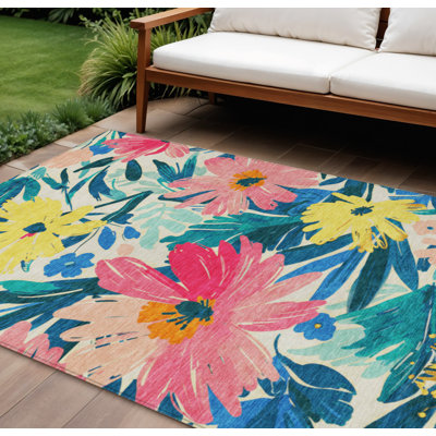 Tapis intérieur lavable floral 10 pi x 14 pi rosé et rose