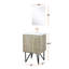 Meuble-lavabo rustique de 61 cm de large, comptoir en quartz blanc, robinet en or rose et miroir arrondi de 46 cm de large x 51 cm de profondeur. Meuble-lavabo au fini teinté, suspendu au mur, ovale biseauté.