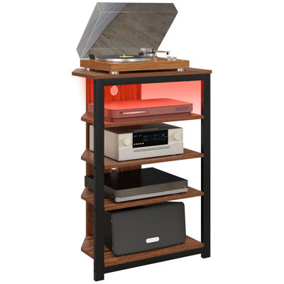 Corner Media Stand with LED Lights for TVs up to 29 Inches, 23.5" L x 15.75" W x 33.75" H, Steel and Particle Board, 1 Piece, 4-Tier AV Media Rack, Brown, RGB LED Light Strip and Cable Management