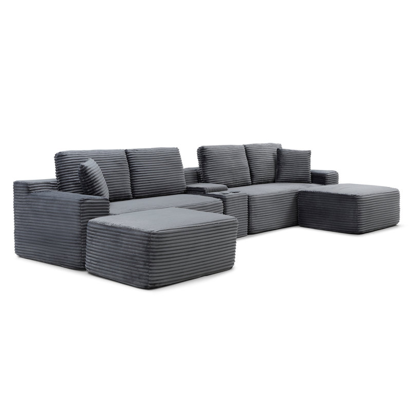 150" L-Shaped Sectional Sofa With Deep Seats, Corduroy Upholstery, USB Charging & Cup Holders, Gray Corduroy