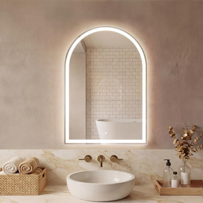 Miroir de salle de bain arqué à DEL 24 po x 32 po - Miroir de courtoisie éclairé, rétroéclairage avant et arrière, intensité variable, 3 températures de couleur