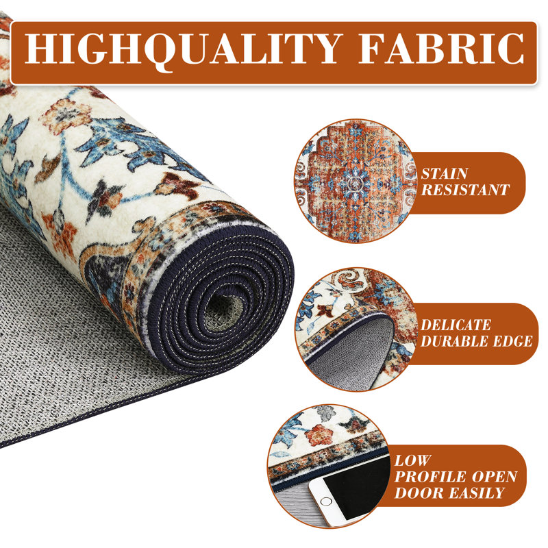 5x7 Machine Washable Floral Area Rug, Vintage Symmetrical Centerpiece Design, Stain Resistant and Easy to Clean, Reinforced Edges and Backing for Living Room, Bedroom, Entryway - Orange