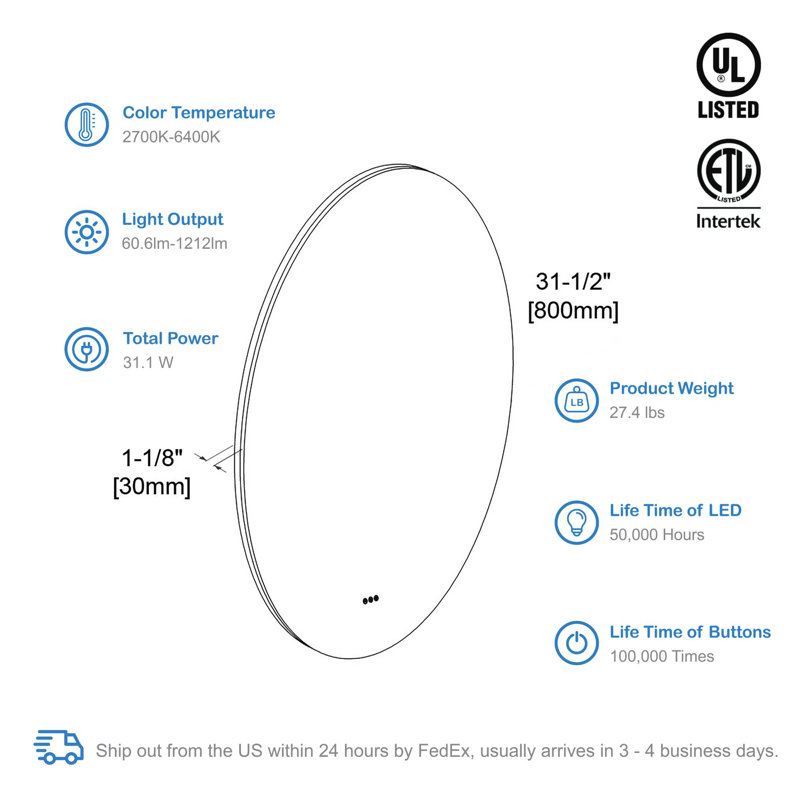 Miroir de salle de bain lumineux à DEL avec désembueur Portsmouth, 32 po x 32 po