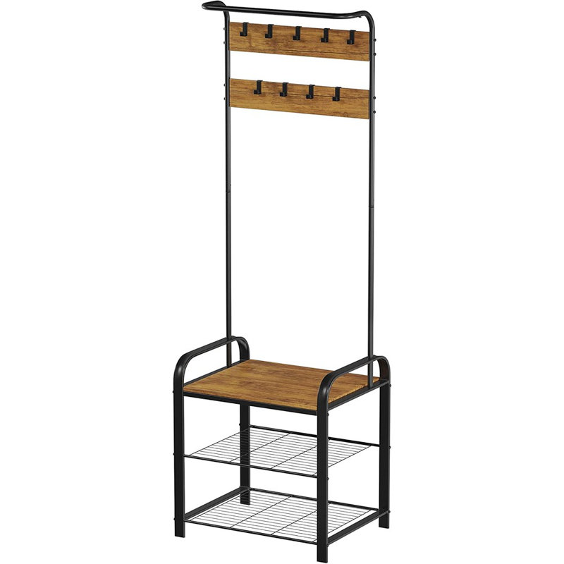 Banc de vestibule avec portemanteau - Arbre d'entrée en métal avec siège, crochets et rangement pour chaussures [Brun rustique et noir] - [Métal / Maison de campagne / Hall d'entrée]
