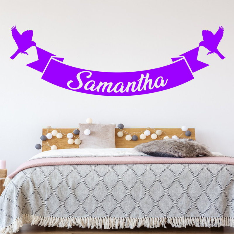 Décalcomanie murale nom et oiseaux personnalisés, H 17,5 po x l 50 po, Mauve, Oui