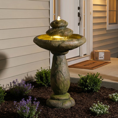 Stacked Stone Cascading Outdoor Water Fountain with LED Light, Resin Floor Fountain for Garden Patio Backyard Decor, Wired Electric Powered