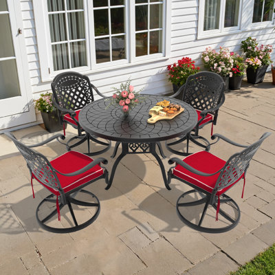 5-Piece 47.24" Round Outdoor Dining Set with 4 Swivel Chairs, Red Cushions