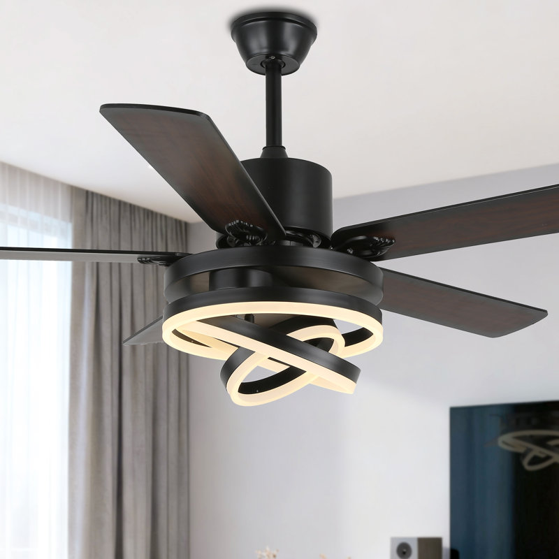  52" Modern 5-Blade Ceiling Fan with Light Kit and Remote, 6 Speed Black Quiet DC Dimmable Light with DIY LED Shade for Living Room