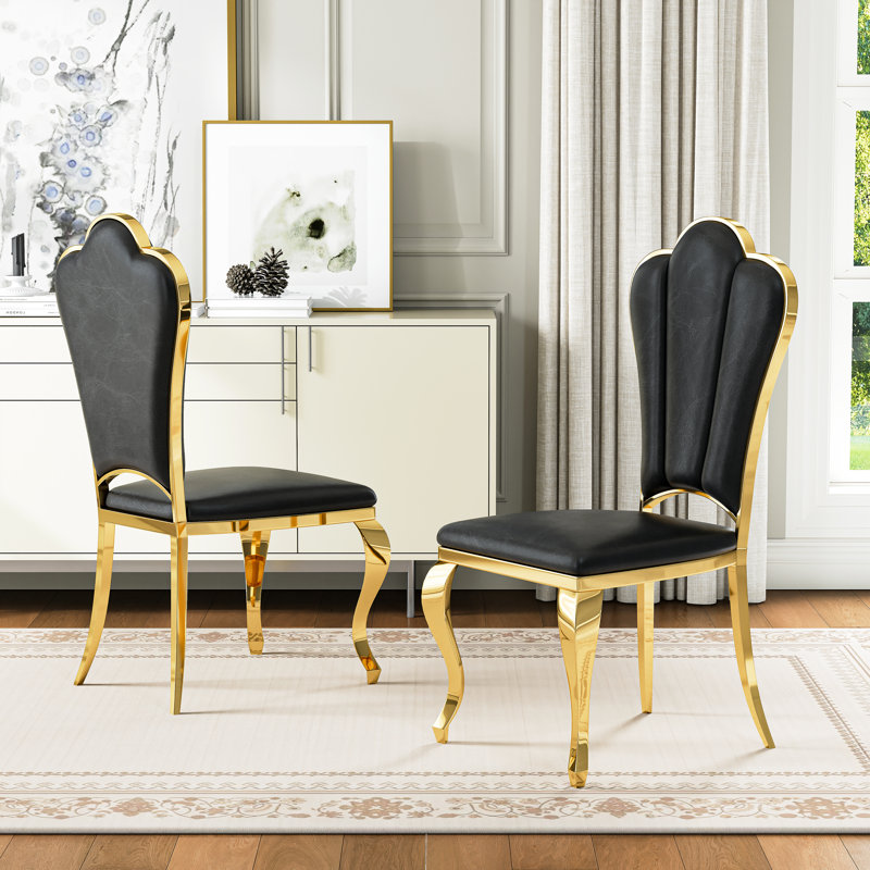 Mery 19'' H Modern Faux Leather Upholstered Dining Side Chair with Stainless Steel Legs, Black, Gold