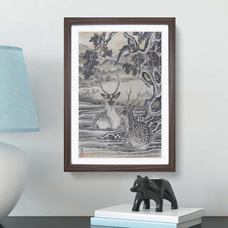 Deer Below the Monkeys by Kawanabe Kyosai - Picture Frame Painting Print, 65cm H x 48cm W x 2cm D, Walnut Framed