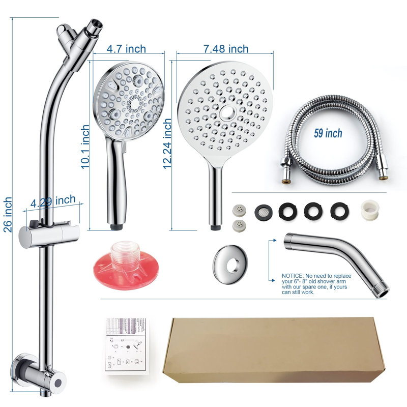 Double pomme de douche 7,5 po avec barre à main, barre réglable, chrome haute pression