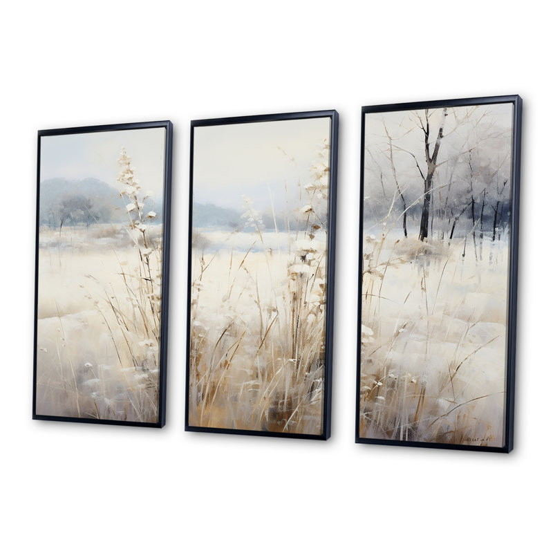 «Winter Meadow View Calmness I», art mural prairie, H 40 po x l 60 po x P 1 po, Cadre flottant noir