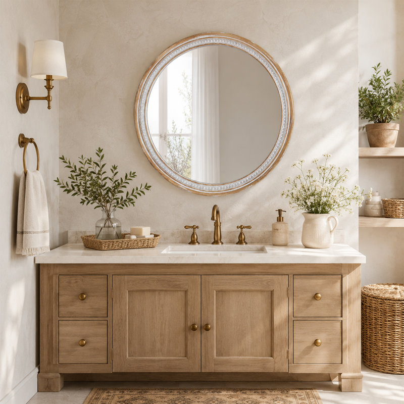 Miroir mural rond en bois massif CUFE Fi pour salle de bain et entrée