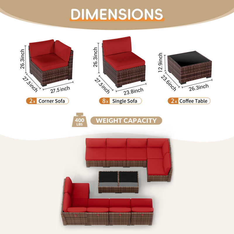 Ensemble de conversation modulaire en rotin pour 10 personnes avec coussins, Bourgogne