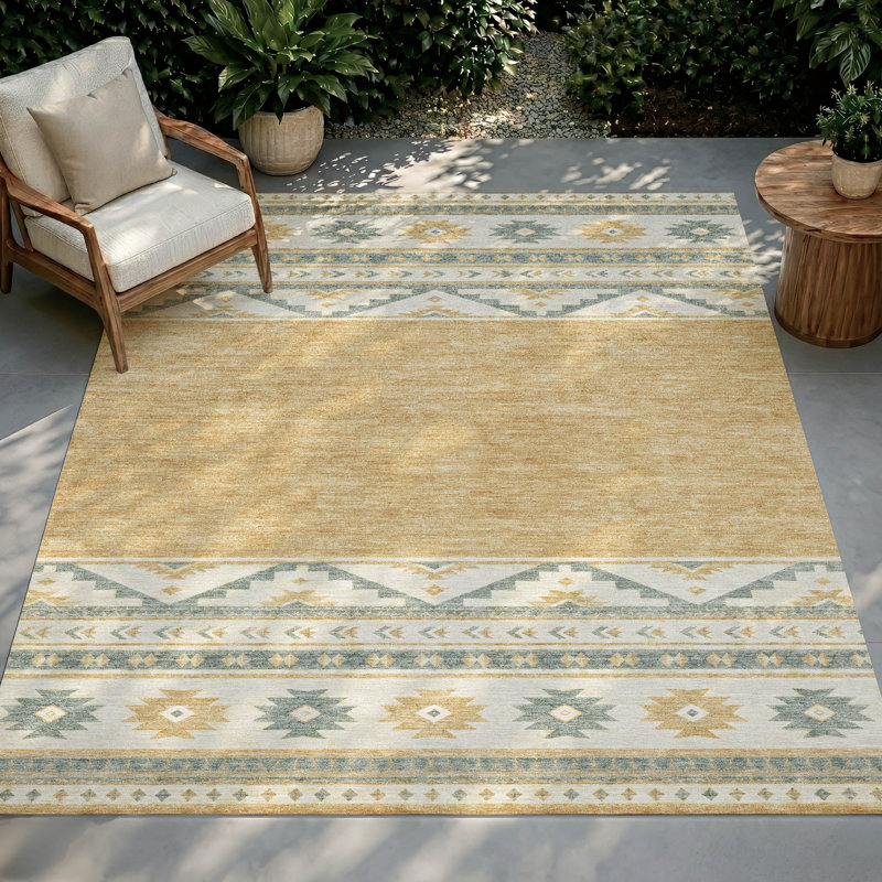 Tapis tribal Chantille ACN3075 lavable à la machine pour intérieur/extérieur, Doré, 3 pi x 5 pi