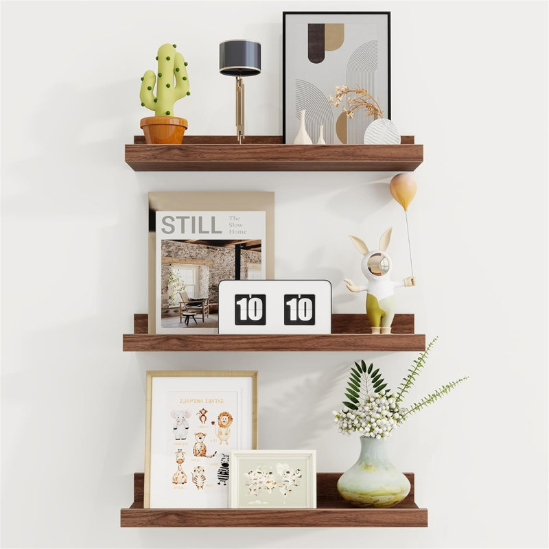 Rustic Floating Shelves Set of 3 with Lip, Picture Ledge Shelf for Nursery, Living Room – Multipurpose Storage Organizer, Bookshelf, & Photo Display Rack Walnut