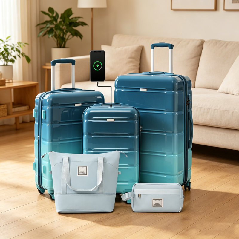 Ensembles de bagages 5 pièces, 20 pouces avec port USB, valise durable en ABS avec sac de voyage, bagage rigide en ABS + PC avec roues pivotantes, bleu