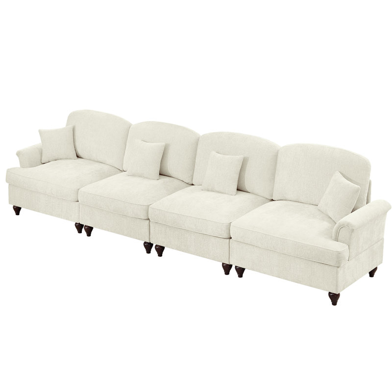 Canapé confortable Mid-Century à 4 places avec jupes à plis évasés détachables et chenille douce, pour espaces de vie, blanc beige