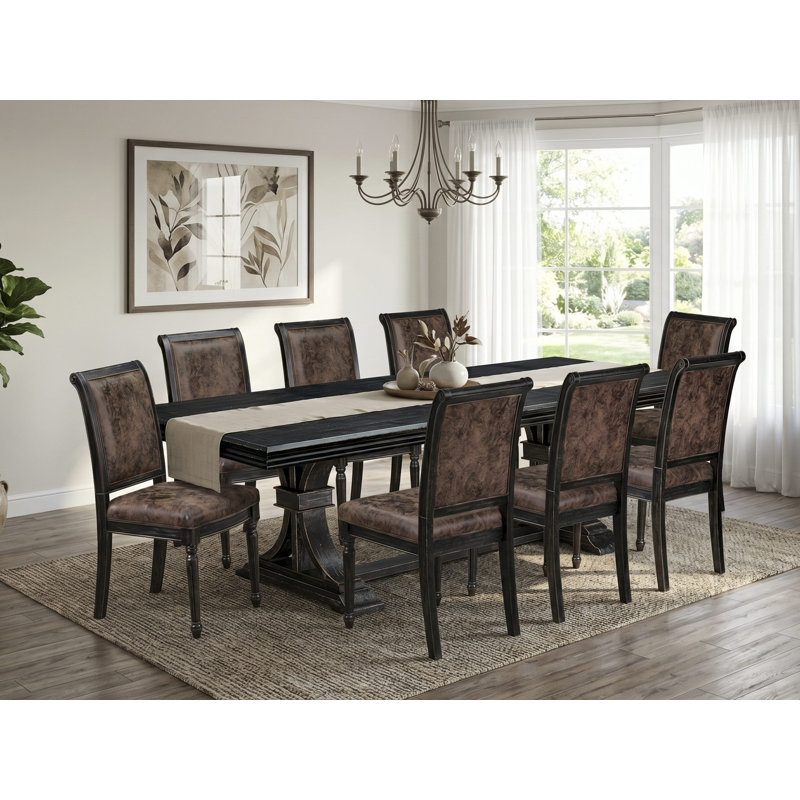 9-piece Kitchen Table Set includes a Modern Dining Table and 8 Brown Textured PU Leather Dinner Chairs with High Back - Sand Blasting Black Finish