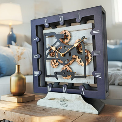 Horloge de bureau carrée en bois 10 pouces avec engrenages mobiles réels (transformable en horloge murale - base amovible) Collection Canada