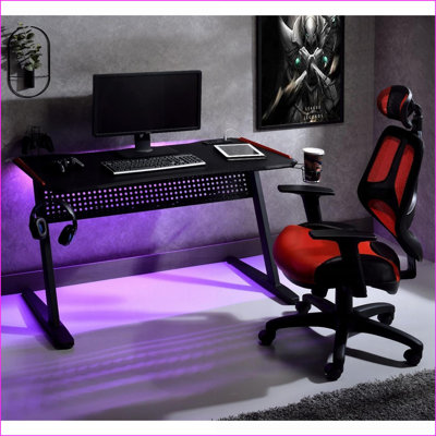 Bureau de jeu avec lumières DEL et amp; Port USB, l 47 po x P 24 po, noir et rouge | Noir + rouge | Papier composite
