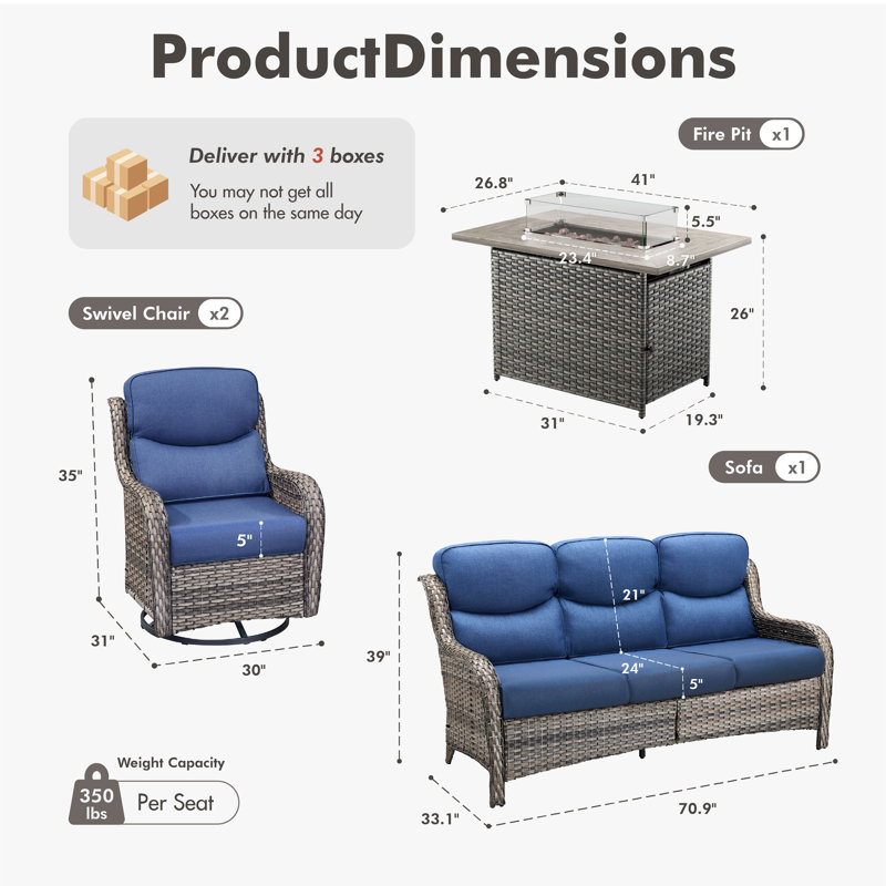5 - Person Handwoven Wicker Patio Conversation Fire Pit Set With 5" Olefin Cushions Swivel Glider Chairs, Gray, Blue