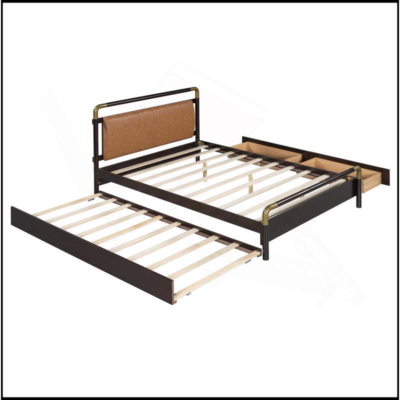 Wooden Storage Platform Bed, With 2 Big Drawers, T-XL Size Trundle, Walnut