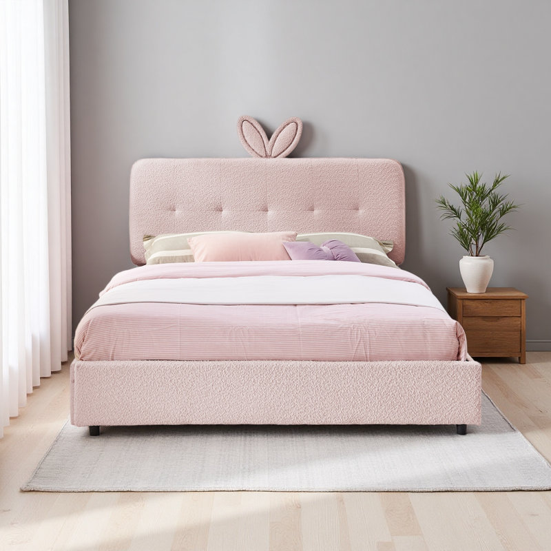 Kids Upholstered Bed With Oversized Rabbit Ear Headboard, LED Light & 4 Storage Drawers, Boucle Fabric, Full, Pink