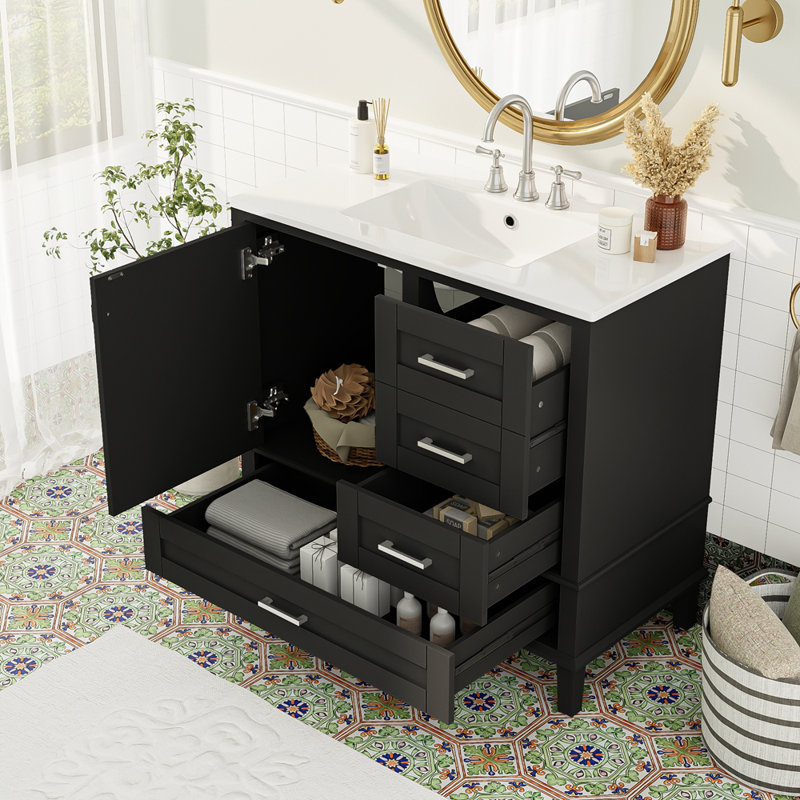 Meuble-lavabo 36 po avec porte à fermeture douce et 3 tiroirs, Noir