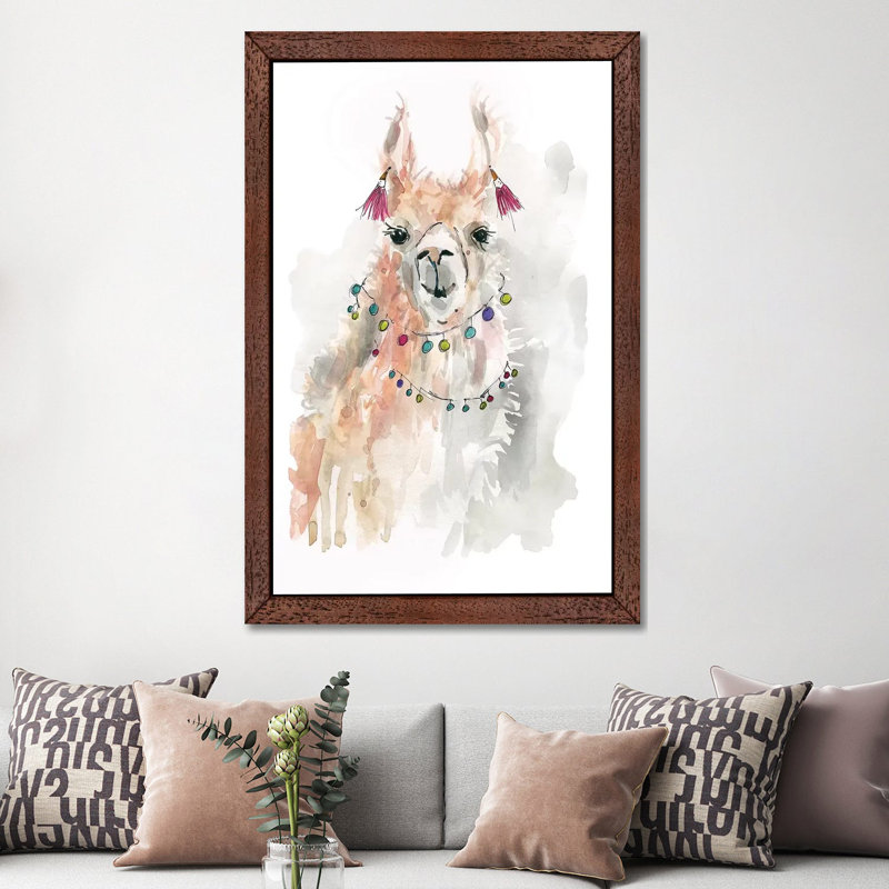 Llama Drama I by Carol Robinson - Painting, 66.04 cm H x 45.72 cm W, Brown Framed