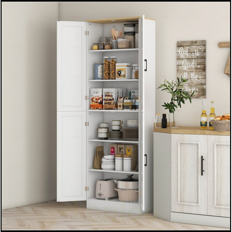 Freestanding 4-Door Kitchen Pantry with Adjustable Shelves, Distressed Finish for Extra Storage and Organization