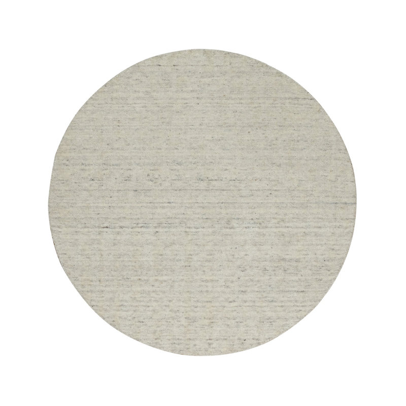 Tapis oriental rond 5 pi x 5 pi blanc, tissé à la main, rayures verticales avec effet sel et poivre, laine naturelle non teintée