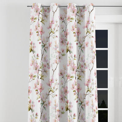 Floral Velvet Curtains - Pink Apple Blossom Whisper Grommet Curtain - 1 Panel
