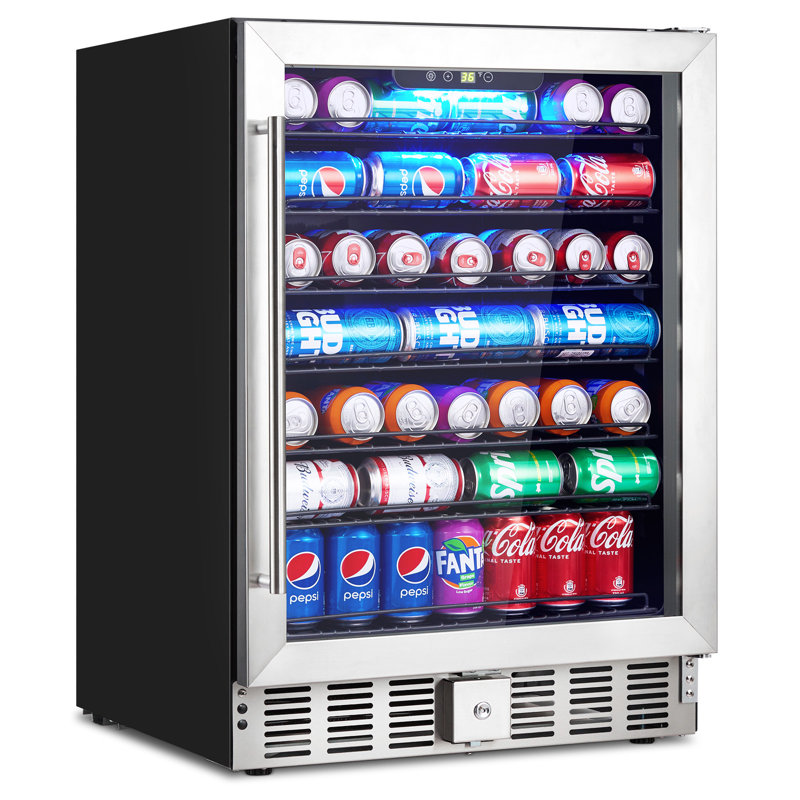 24 in Beverage Refrigerator, 5.1 Cu.Ft Beverage Fridge, 166 Cans Capacity Drink Fridge with 36～60°F Adjustable Digital Temperature Control Compressor and Safety Lock, Low Noise