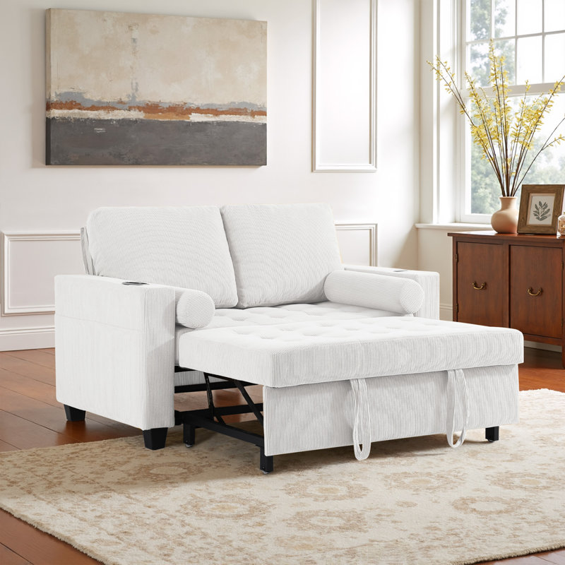 Upholstered Tufted Convertible Pull-Out Sleeper Sofa Bed - Adjustable Backrest With 2 Soft Pillows, Beige