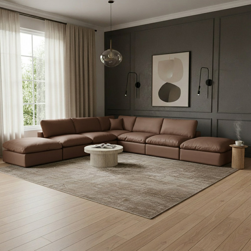 Hisayoshi Upholstered L-Shaped Sectional Reversible, Brown Vegan Leather