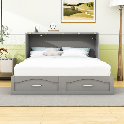Queen Size Wooden Murphy Bed with Built-In USB Ports and Drawers
