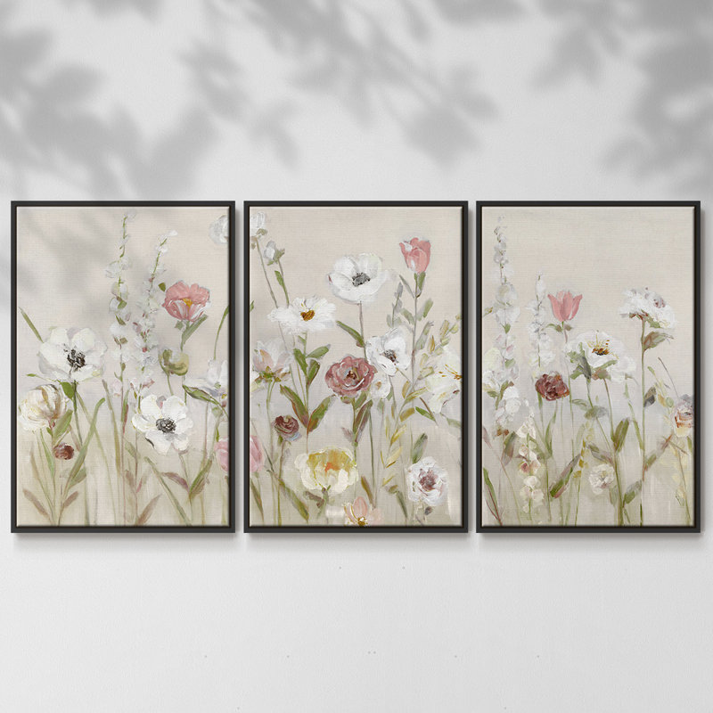 Bloomin Around - 3 pièces, reproduction encadrée sur toile, Noir, H 36 po x l 75 po x P 2 po